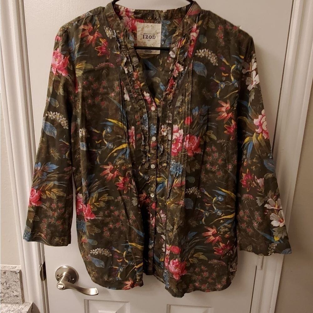 IZOD tropical floral pintucked ruffled‎ button down shirt size large